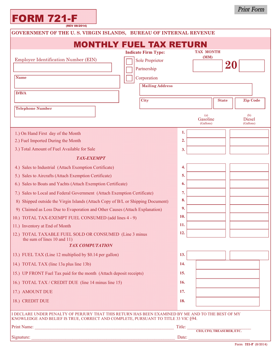 Form 721-F Monthly Fuel Tax Return - Virgin Islands, Page 1