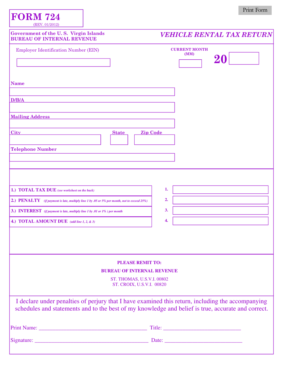 Form 724 Vehicle Rental Tax Return - Virgin Islands, Page 1