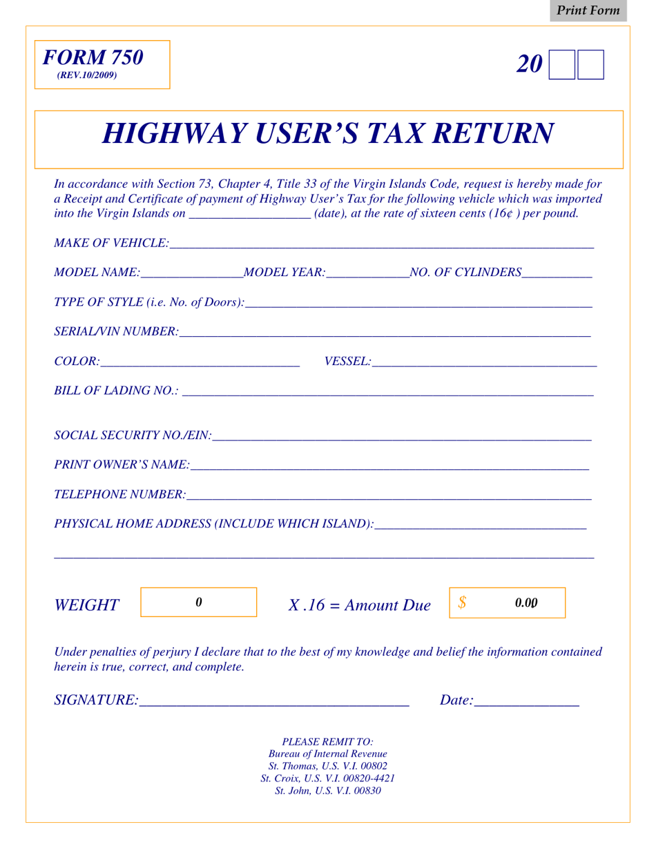 Form 750 Highway Users Tax Return - Virgin Islands, Page 1