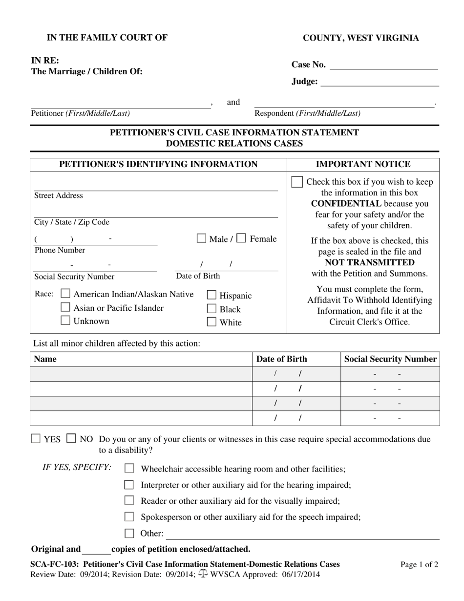 Form SCA-FC-103 Petitioners Civil Case Information Statement Domestic Relations Cases - West Virginia, Page 1