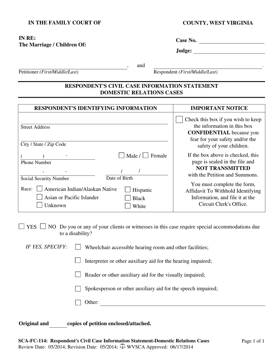 Form SCA-FC-114 Respondents Civil Case Information Statement Domestic Relations Cases - West Virginia, Page 1