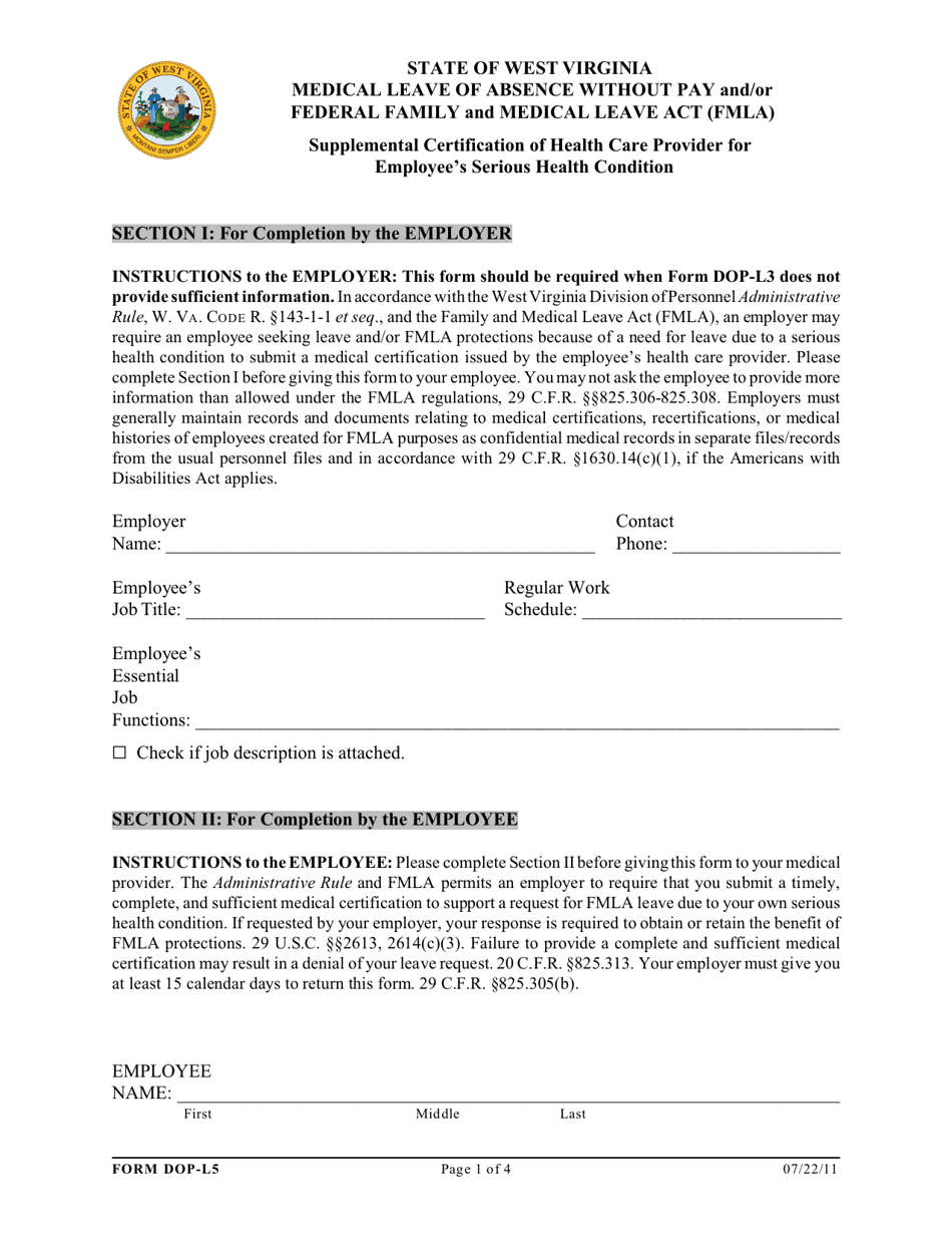 Form DOP-L5 Supplemental Certification of Health Care Provider for Employees Serious Health Condition - Medical Leave of Absence Without Pay and / or Federal Family and Medical Leave Act (Fmla) - West Virginia, Page 1