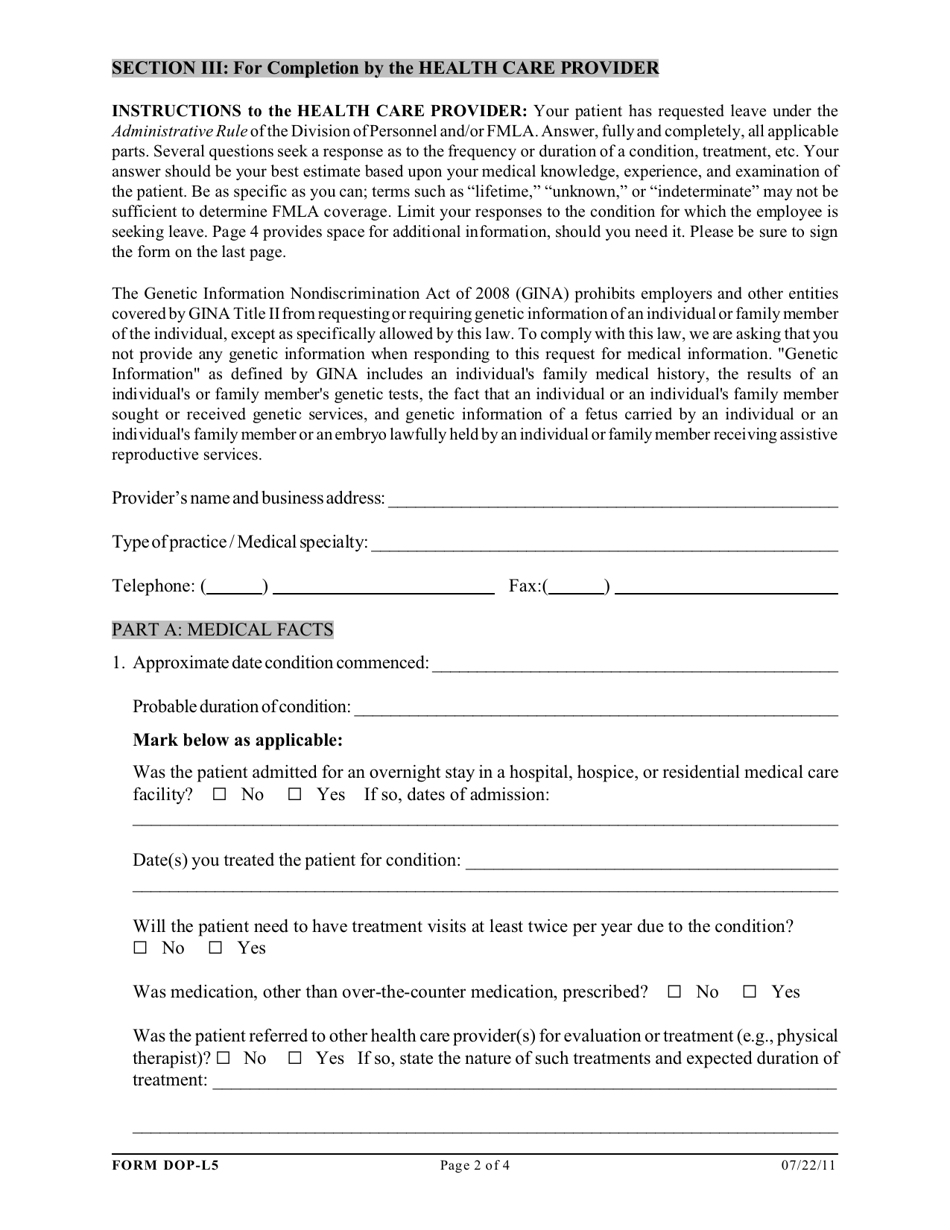 Form DOP-L5 Supplemental Certification of Health Care Provider for Employees Serious Health Condition - Medical Leave of Absence Without Pay and / or Federal Family and Medical Leave Act (Fmla) - West Virginia, Page 2