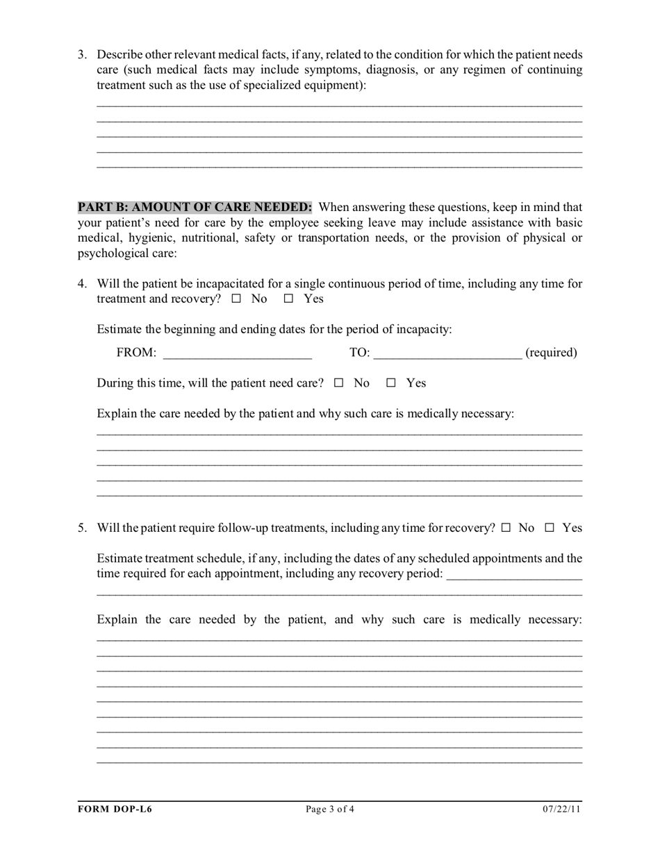 Form DOP-L6 Supplemental Certification of Health Care Provider for Family Members Serious Health Condition - Federal Family and Medical Leave Act (Fmla) and / or State Parental Leave Act (Pla) - West Virginia, Page 3