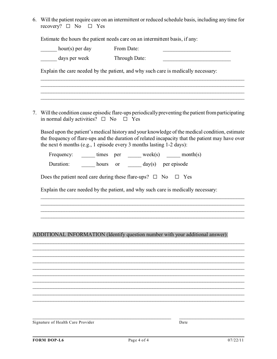 Form DOP-L6 Supplemental Certification of Health Care Provider for Family Members Serious Health Condition - Federal Family and Medical Leave Act (Fmla) and / or State Parental Leave Act (Pla) - West Virginia, Page 4