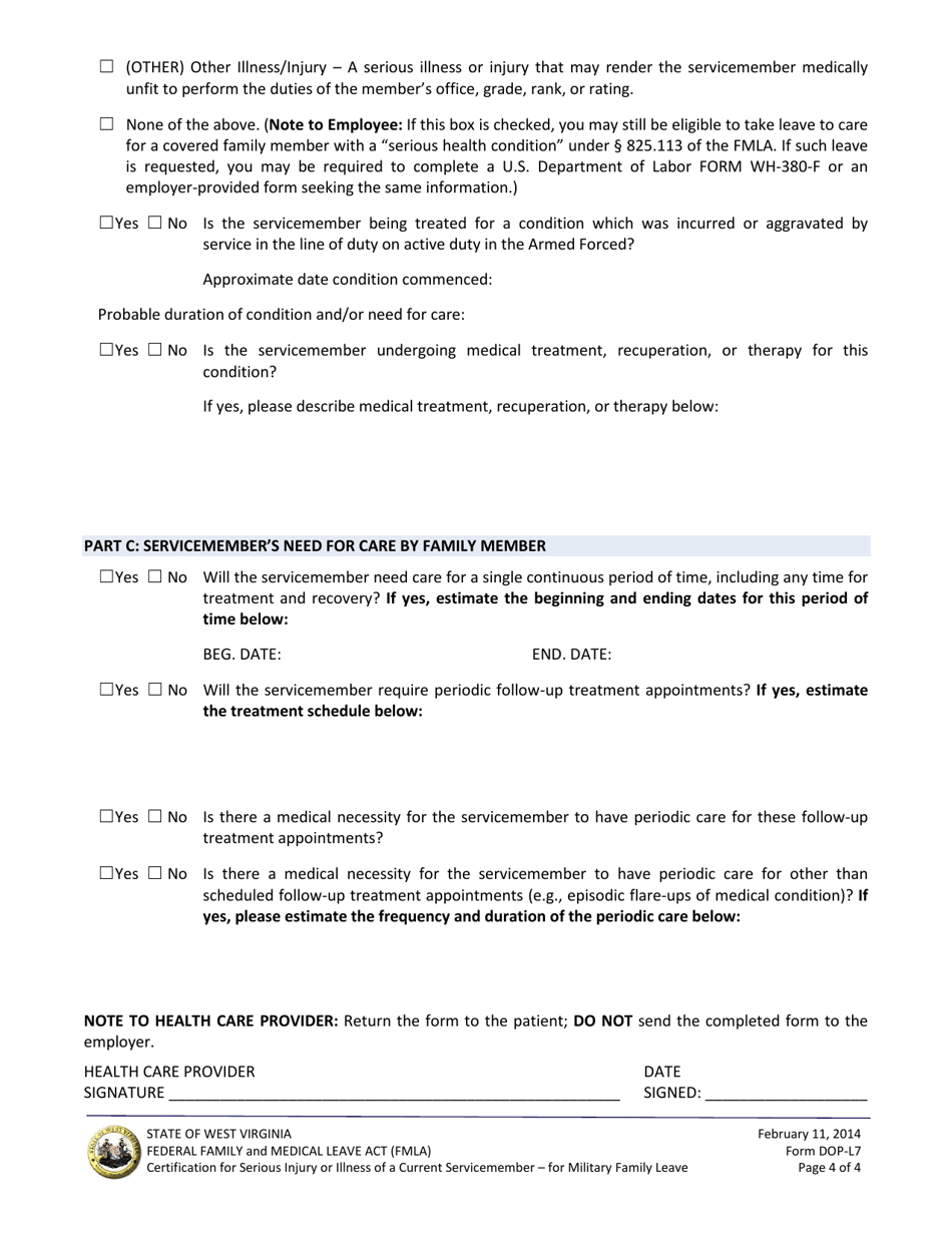 Form DOP-L7 Certification for Serious Injury or Illness of a Current Servicemember - for Military Family Leave - Federal Family and Medical Leave Act (Fmla) - West Virginia, Page 4