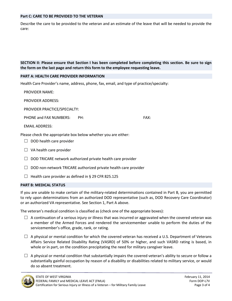 Form DOP-L7V Certification for Serious Injury or Illness of a Veteran - for Military Family Leave - Federal Family and Medical Leave Act (Fmla) - West Virginia, Page 3