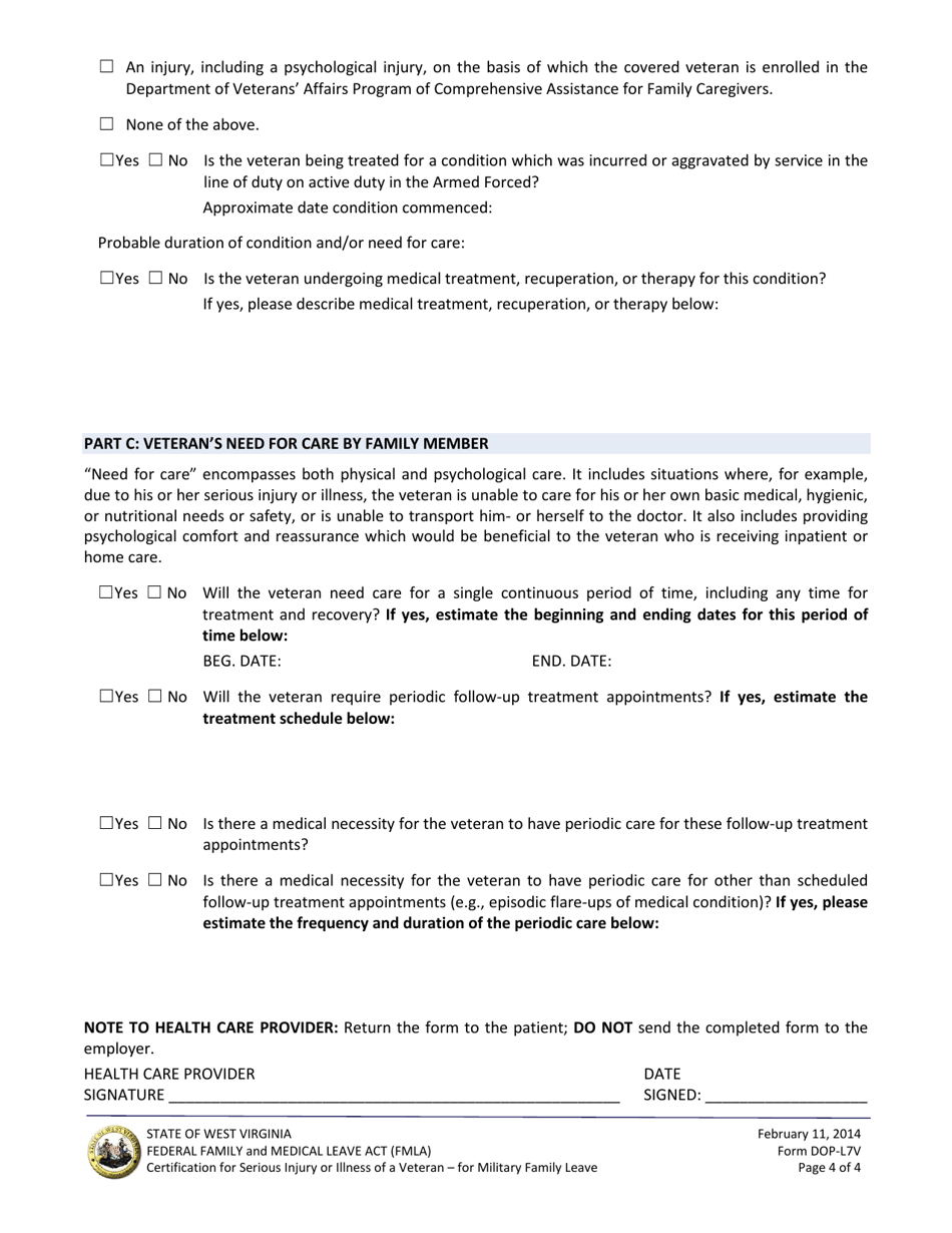 Form DOP-L7V Certification for Serious Injury or Illness of a Veteran - for Military Family Leave - Federal Family and Medical Leave Act (Fmla) - West Virginia, Page 4