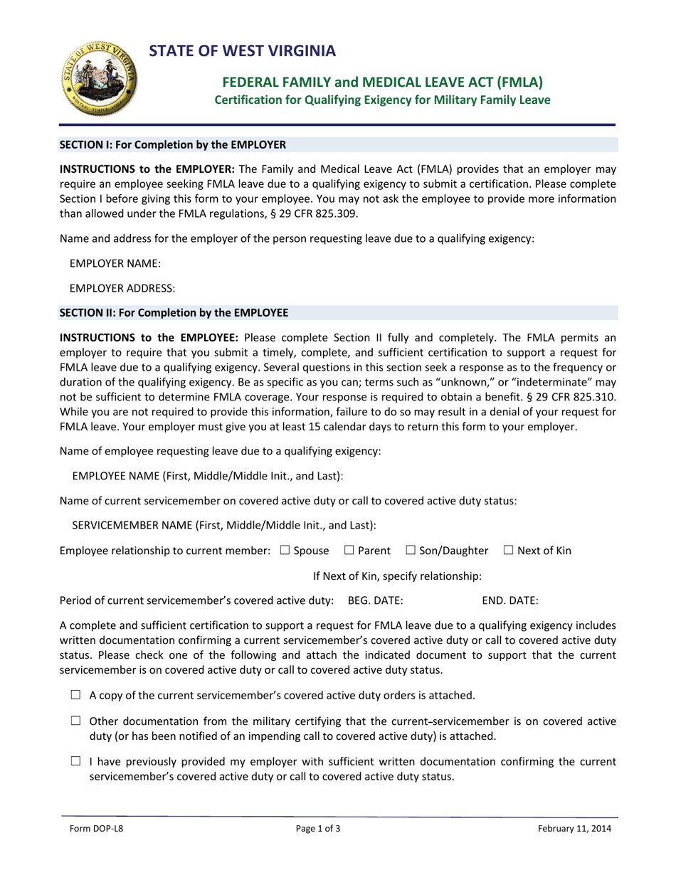 Form DOP-L8 Certification for Qualifying Exigency for Military Family Leave - Federal Family and Medical Leave Act (Fmla) - West Virginia, Page 1