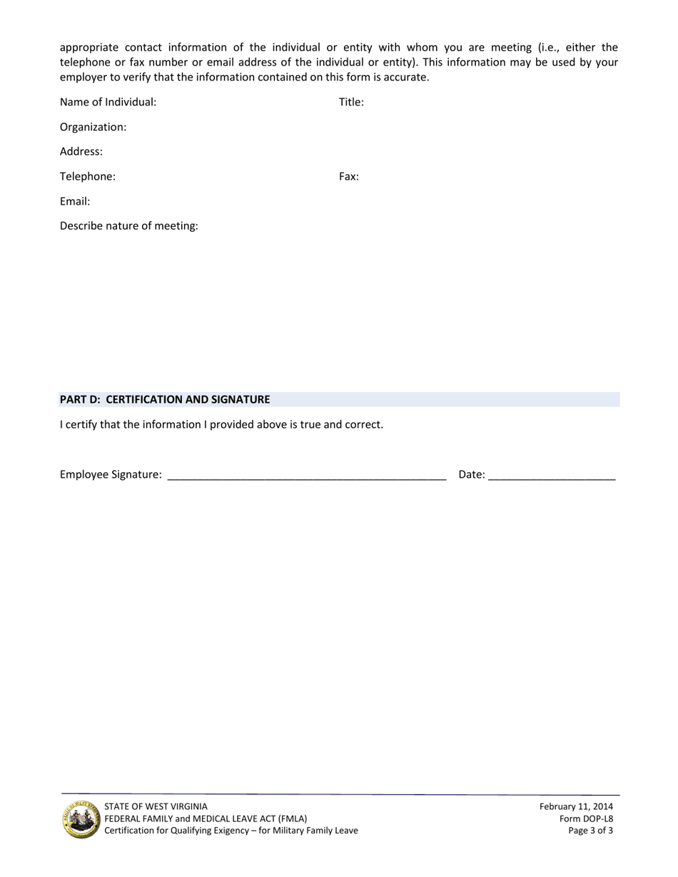 Form DOP-L8 Certification for Qualifying Exigency for Military Family Leave - Federal Family and Medical Leave Act (Fmla) - West Virginia, Page 3