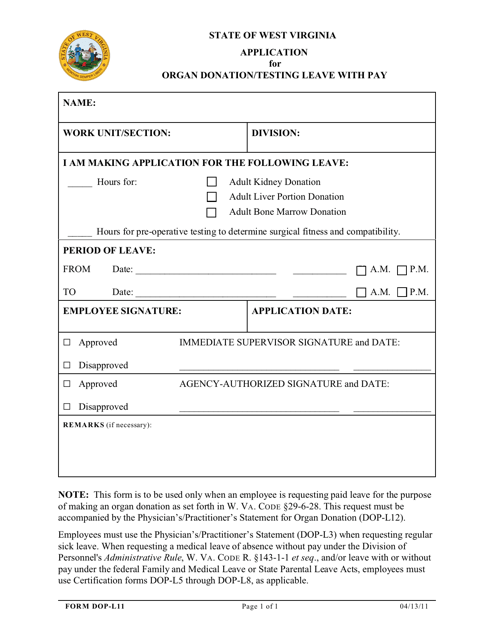 Form DOP-L11 Application for Organ Donation/Testing Leave With Pay - West Virginia