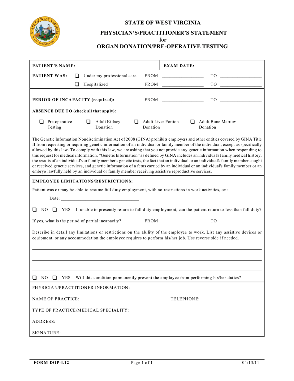 Form DOP-L12 Physicians / Practitioners Statement for Organ Donation / Pre-operative Testing - West Virginia, Page 1