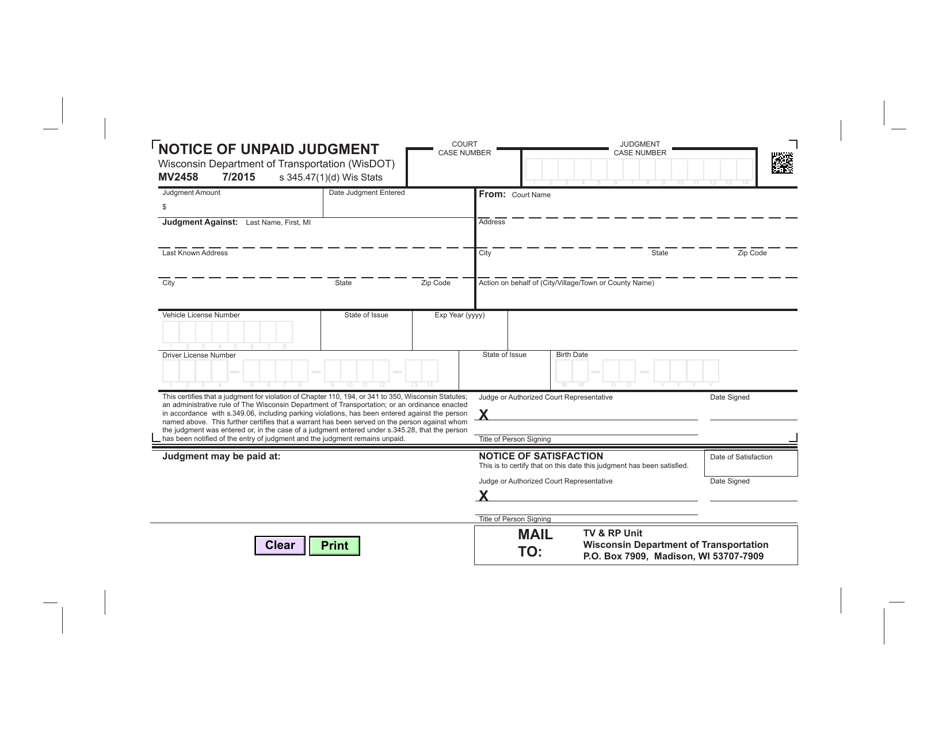 Form MV2458 Fill Out, Sign Online and Download Fillable PDF