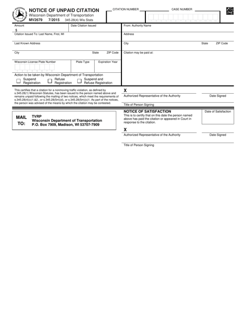 Form MV2679 Notice of Unpaid Citation - Wisconsin