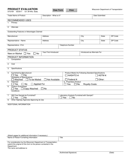 Form DT2164 Product Evaluation - Wisconsin