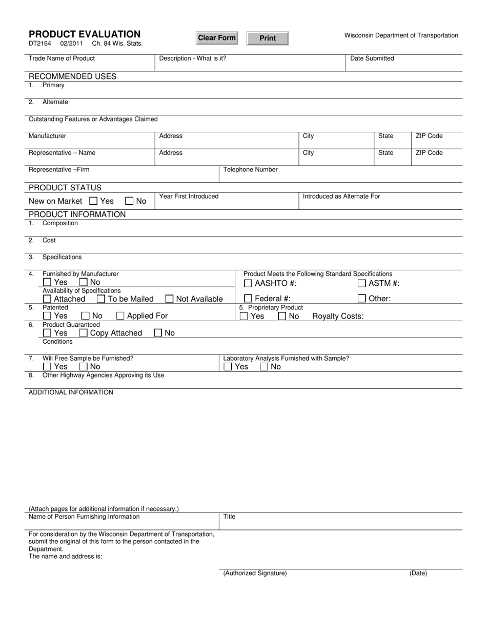 Form DT2164 Product Evaluation - Wisconsin, Page 1