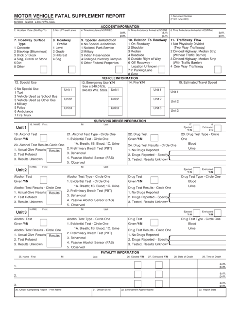 Form MV3480 Motor Vehicle Fatal Supplement Report - Wisconsin