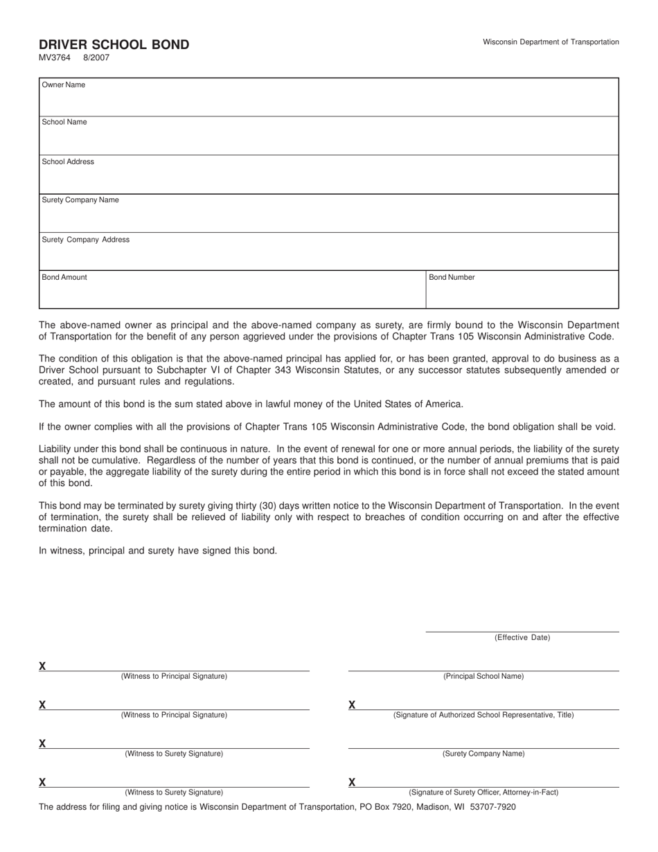 Form MV3764 Driver School Bond - Wisconsin, Page 1