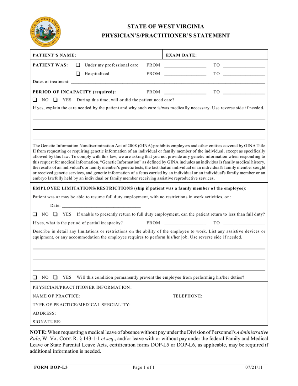 Form DOP-L3 Physicians / Practitioners Statement - West Virginia, Page 1