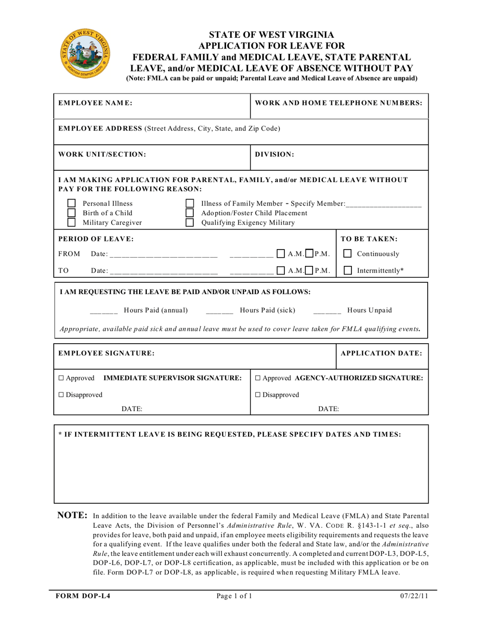 Form DOP-L4 Application for Leave for Federal Family and Medical Leave, State Parental Leave, and / or Medical Leave of Absence Without Pay - West Virginia, Page 1