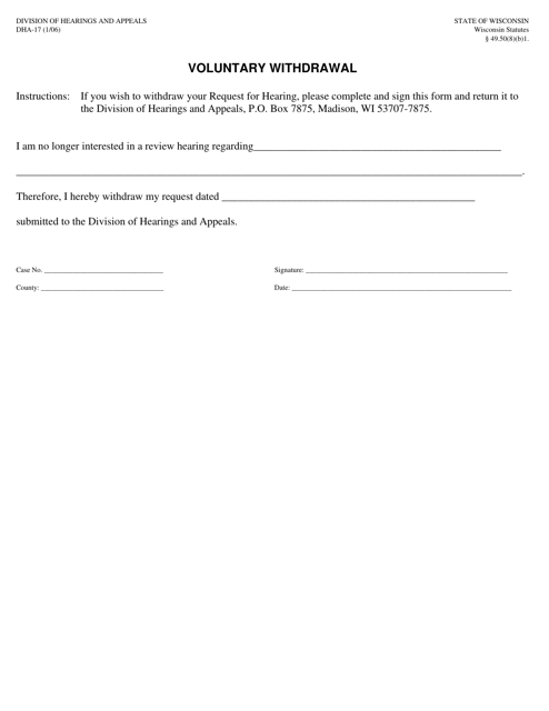 Form DHA-17 Voluntary Withdrawal - Wisconsin