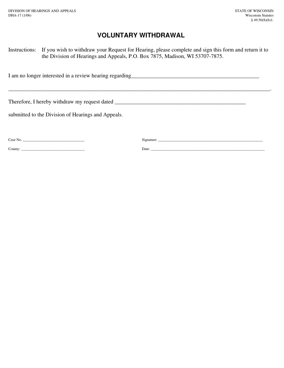 Form DHA-17 Voluntary Withdrawal - Wisconsin, Page 1