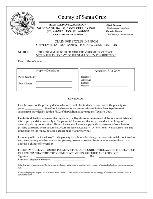 Claim for Exclusion From Supplemental Assessment for New Construction - California Download Pdf