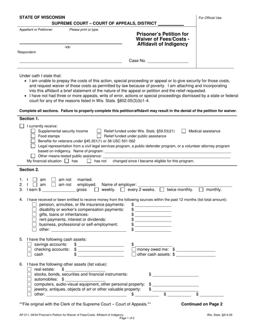 Form AP-011 Prisoner's Petition for Waiver of Fees/Costs - Affidavit of Indigency - Wisconsin
