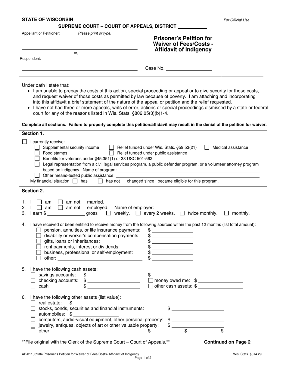 Form AP-011 Prisoners Petition for Waiver of Fees / Costs - Affidavit of Indigency - Wisconsin, Page 1