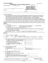 Form AP-012 Prisoner&#039;s Petition for Waiver of Fees/Costs - Affidavit of Indigency; Allegation of Imminent Danger - Wisconsin