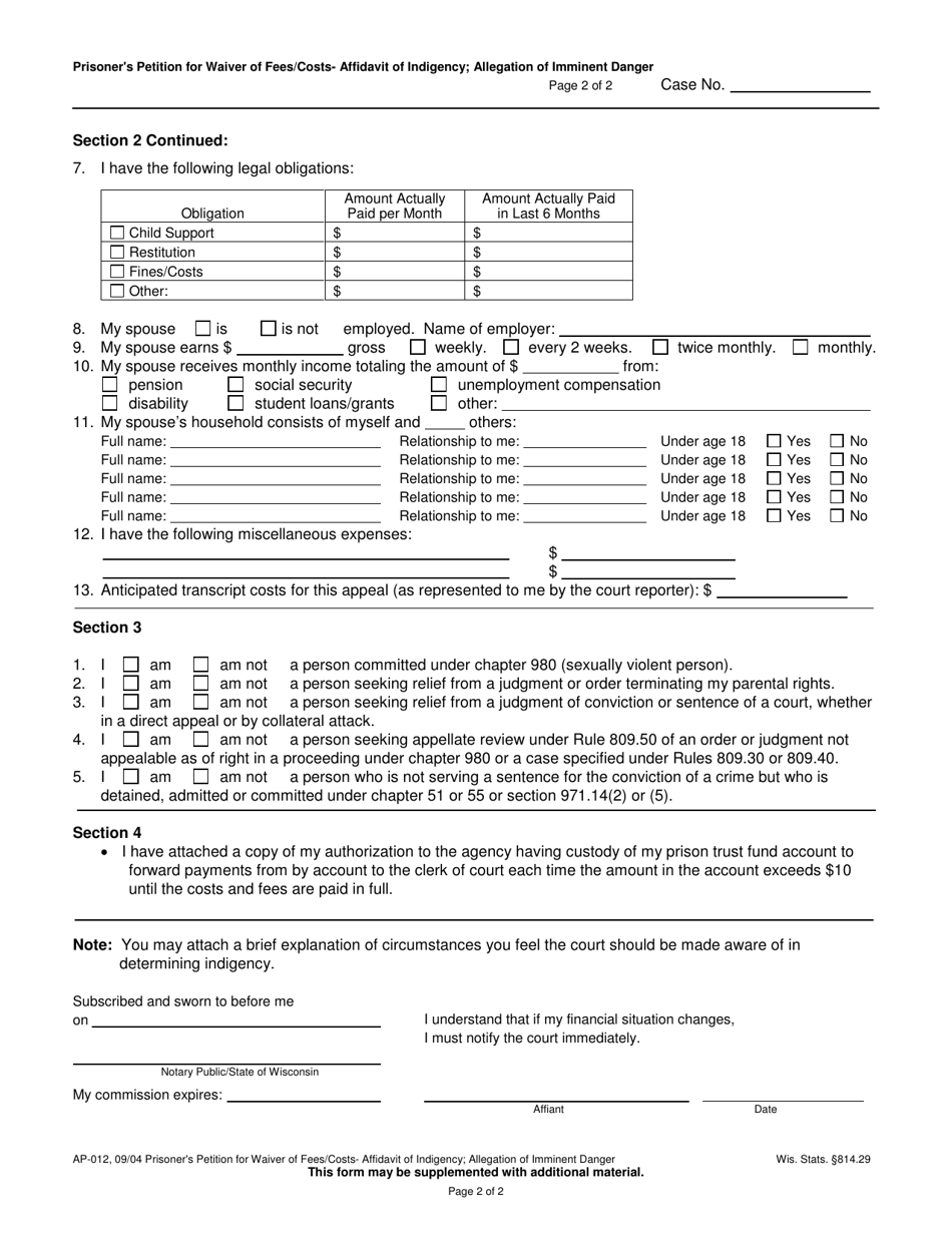 Form AP-012 Prisoners Petition for Waiver of Fees / Costs - Affidavit of Indigency; Allegation of Imminent Danger - Wisconsin, Page 2