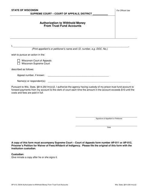 Form AP-013 Authorization to Withhold Money From Trust Fund Accounts - Wisconsin