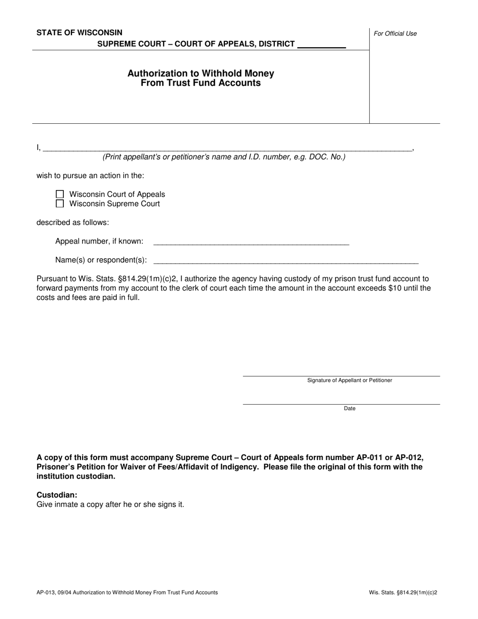 Form AP-013 Authorization to Withhold Money From Trust Fund Accounts - Wisconsin, Page 1