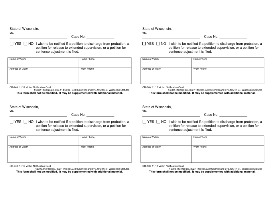 Form CR-240 Victim Notification Card - Wisconsin, Page 1