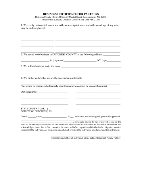 Business Certificate for Partners - Dutchess County, New York Download Pdf