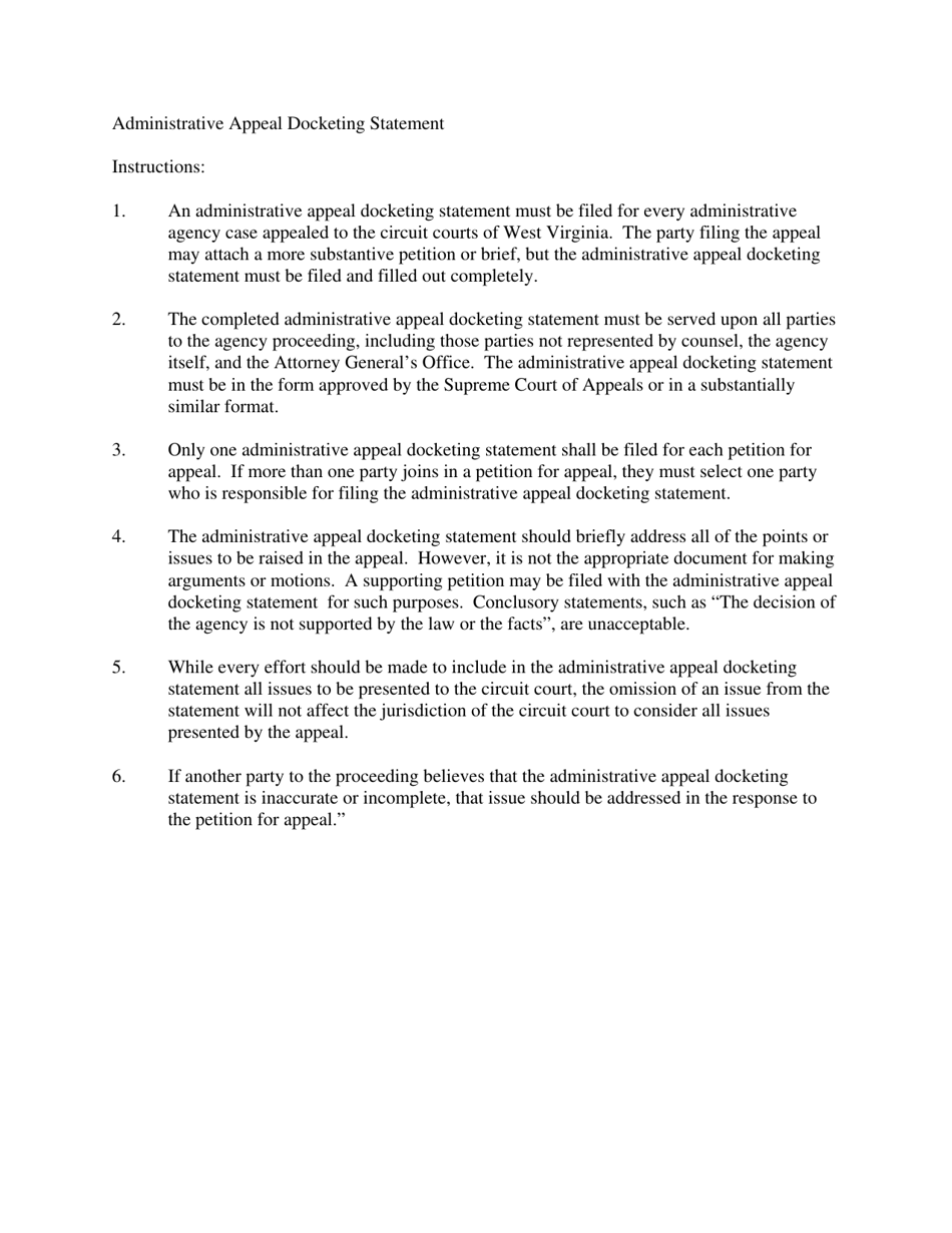 Administrative Appeals Docketing Statement - West Virginia, Page 1