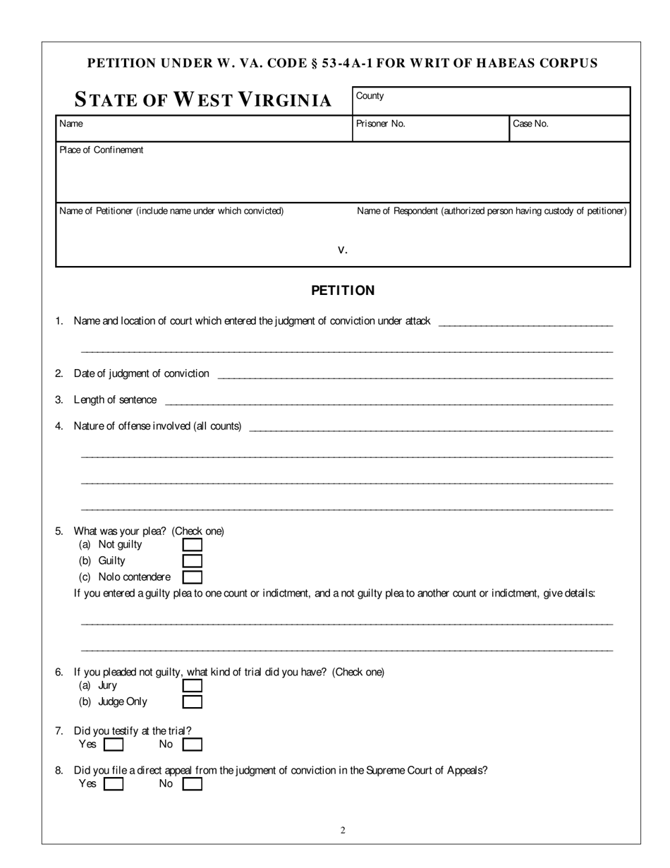 Appendix A Post-conviction Habeas Corpus Form - Petition for Writ of Habeas Corpus Ad Subjiciendum Under W.VA. Code 53-4a-1 - West Virginia, Page 2