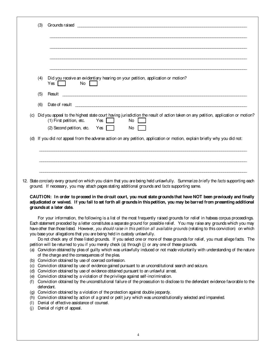 Appendix A Post-conviction Habeas Corpus Form - Petition for Writ of Habeas Corpus Ad Subjiciendum Under W.VA. Code 53-4a-1 - West Virginia, Page 4