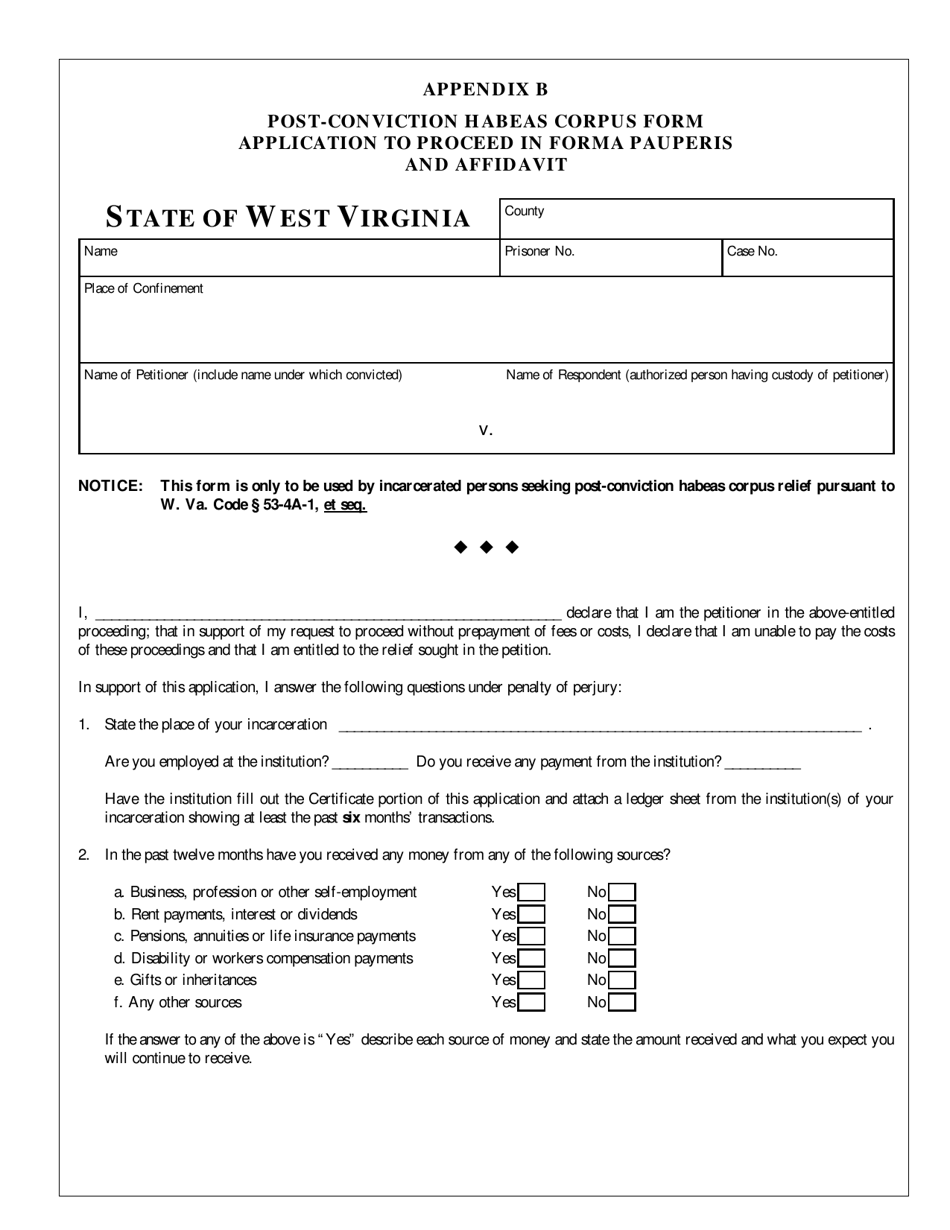 Appendix B Post-conviction Habeas Corpus Form - Application to Proceed in Forma Pauperis and Affidavit - West Virginia, Page 1