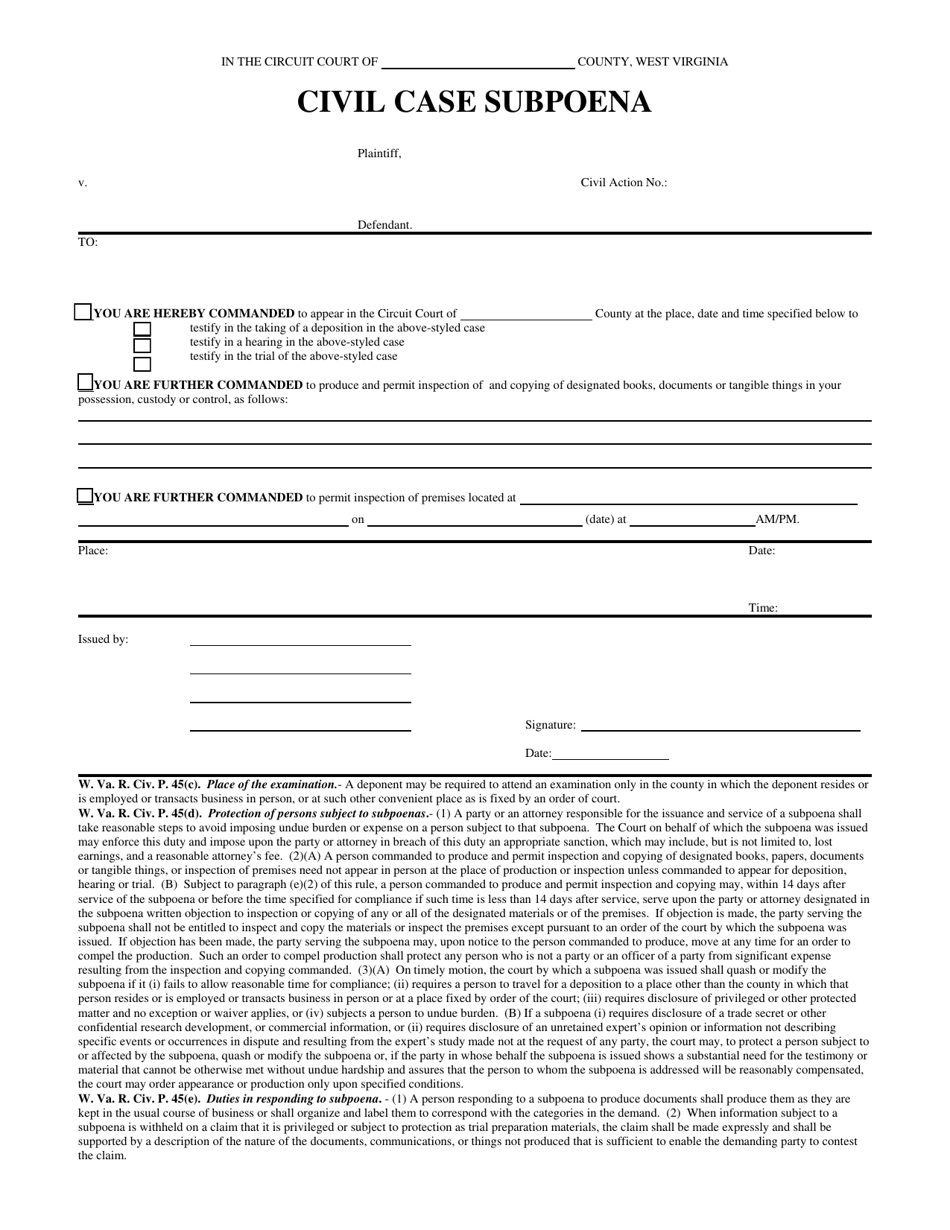 West Virginia Civil Case Subpoena Fill Out, Sign Online and Download