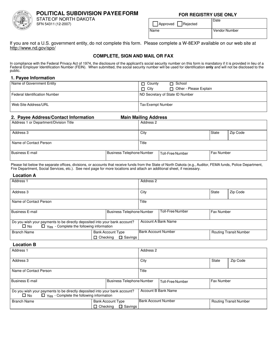 Form SFN54311 Political Subdivision Payee Form - North Dakota, Page 1