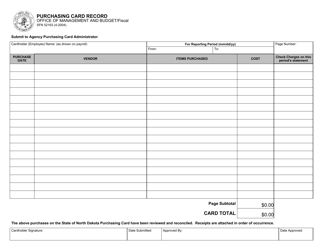 Document preview: Form SFN52163 Purchasing Card Record - North Dakota