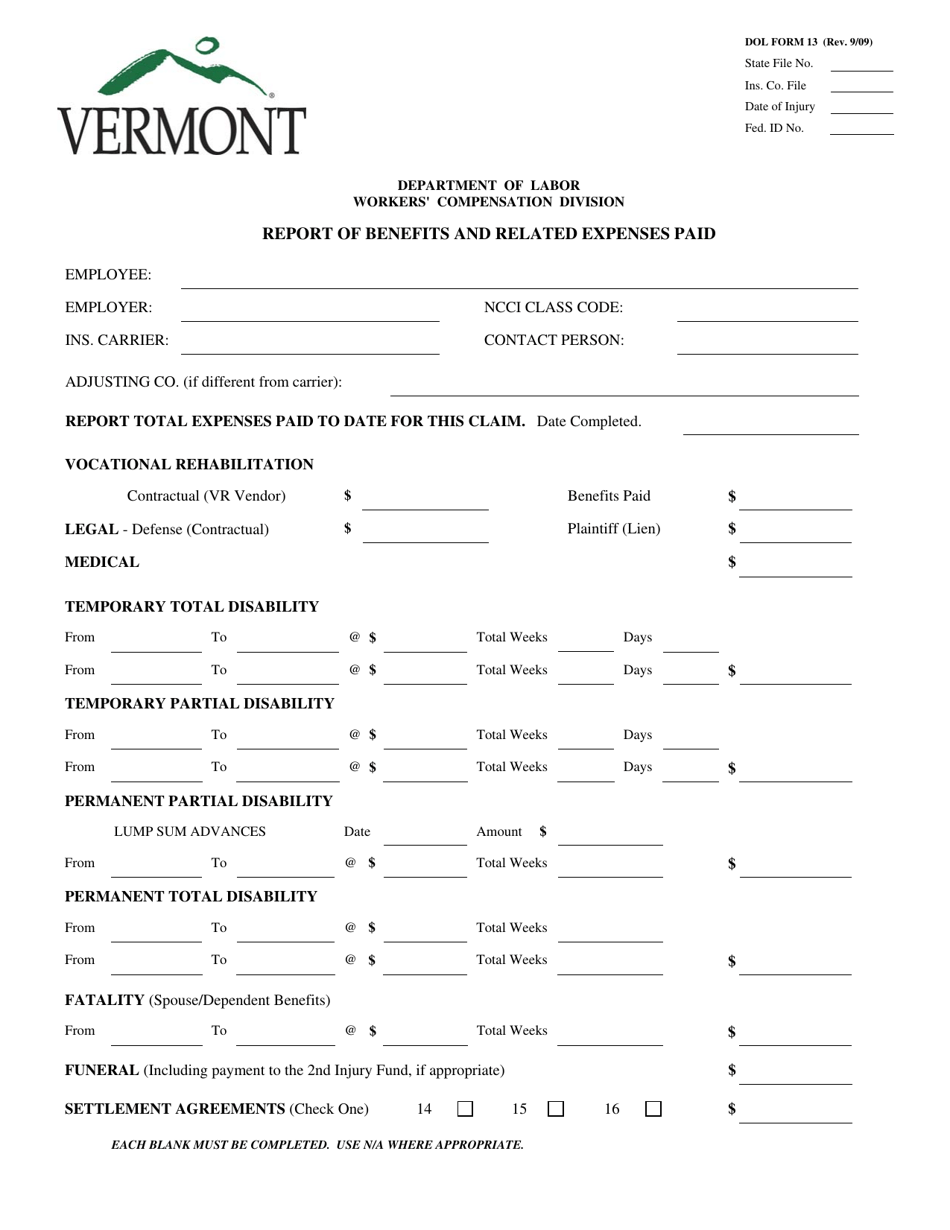 DOL Form 13 Report of Benefits and Related Expenses Paid - Vermont, Page 1