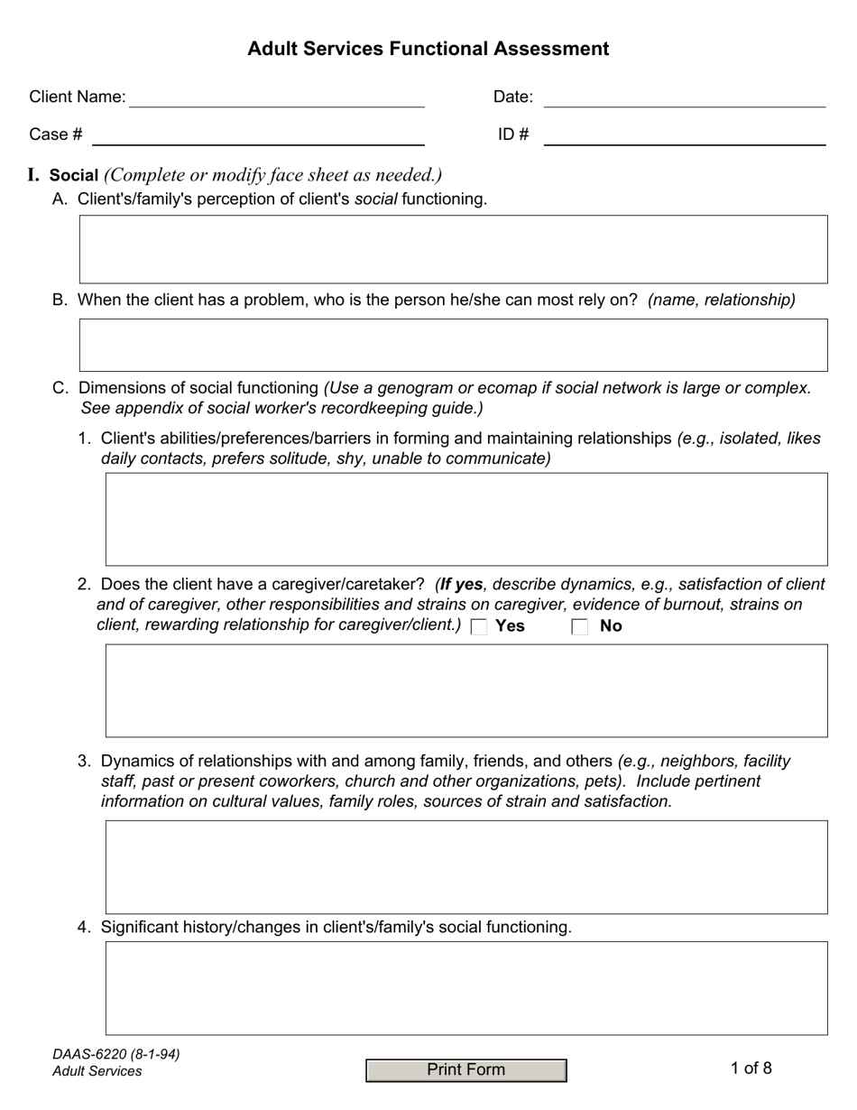 Form DAAS-6220 Adult Services Functional Assessment - North Carolina, Page 1