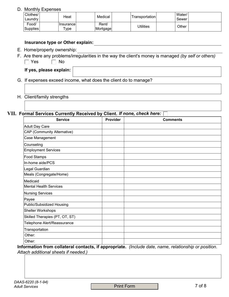 Form DAAS-6220 Adult Services Functional Assessment - North Carolina, Page 7