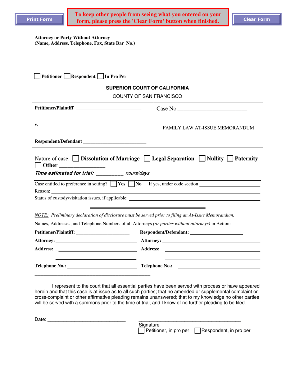 Family Law at-Issue Memorandum - County of San Francisco, California, Page 1