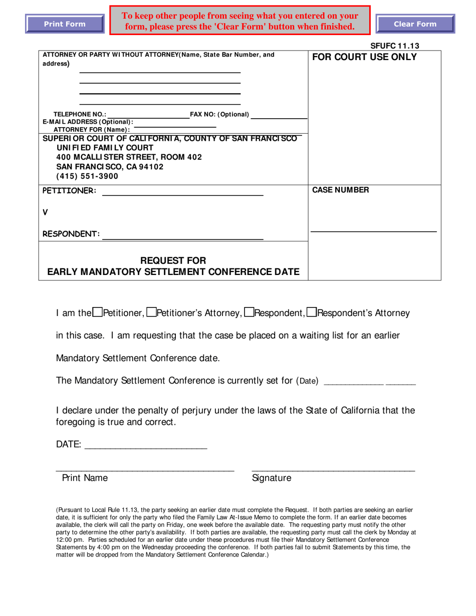 Form SFUFC11.13 Request for Early Mandatory Settlement Conference Date - County of San Francisco, California, Page 1