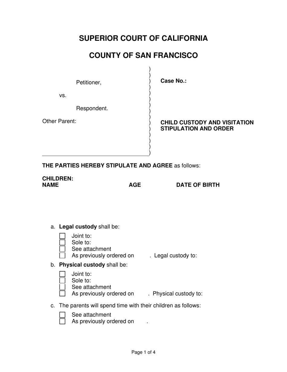 Child Custody and Visitation Stipulation and Order - County of San Francisco, California, Page 1