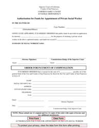 Document preview: Authorization for Funds for Appointment of Private Social Worker - County of San Francisco, California