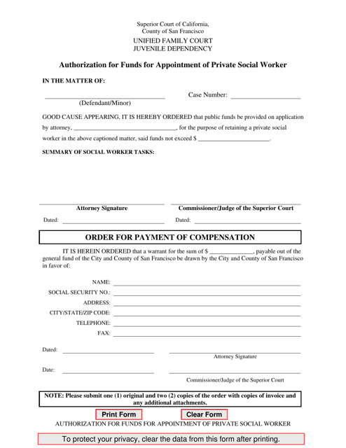Authorization for Funds for Appointment of Private Social Worker - County of San Francisco, California
